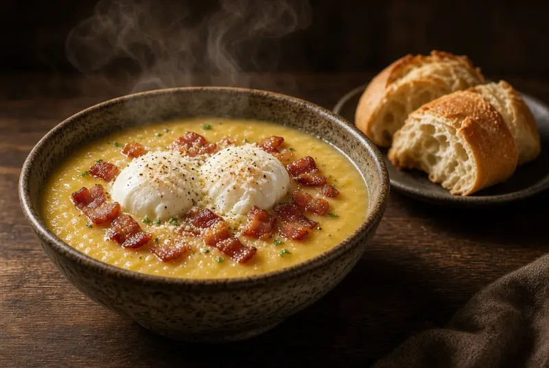 Caldo Mandioca com Bacon e Ovos Pochê