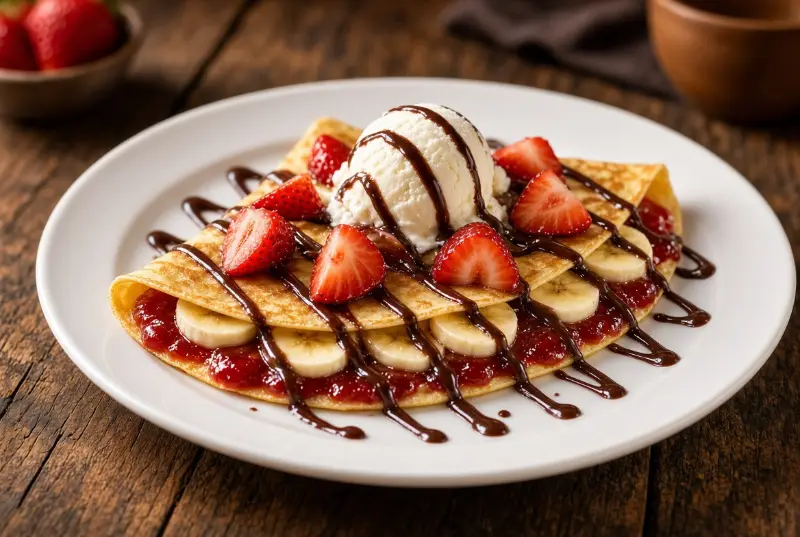 Crepe Banana, Geleia, Morango e Sorvete