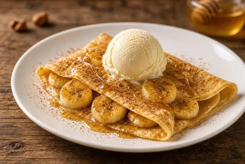 Crepe Banana, Canela, Mel e Sorvete