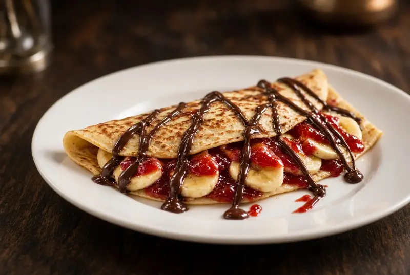 Crepe Banana, Geleia Morango e Chocolate